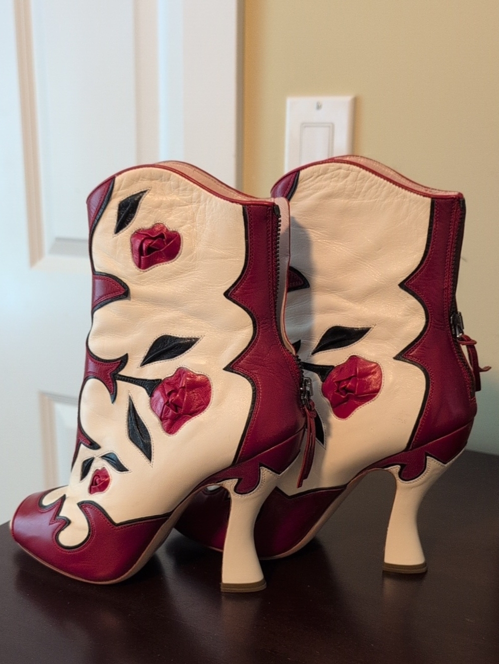 Miu Miu White and Burgundy Floral Appliqué Heeled Boots